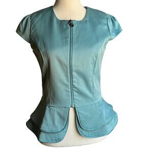 KARO RINLAN | Y2K Vintage Ice Blue Zip Up Zipper Trim Peplum Top | Approx Sz S